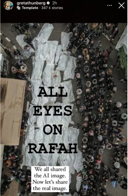 Le slogan "All eyes on Rafah" 
sur une image réelle de la situation réelle ; 
des linceuls alignés, à Rafah.