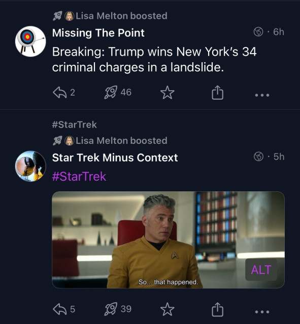 Screenshot of a social network showing two boosted posts by a Lisa Melton. The first is a satirical post from "Missing The Point" claiming "Trump wins New York’s 34 criminal charges in a landslide." The second is from Star Trek minus context 