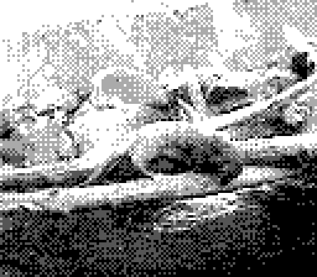 a 2-bit, black and white photo of an otter at the Oregon zoo. the otter is somewhat hard to make out against the logs its climbing on with the incredibly low pixel count resolution of Gameboy Camera photos. i actually dont remember for sure if the pictured animal is an otter, beaver, or some other woodland/water creature. 