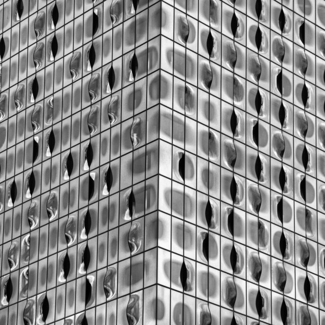 Facade of a modern building (Elbphilharmonie · Hamburg) featuring a grid of wavy, distorted windows, creating a unique, reflective pattern. The image is in black and white.