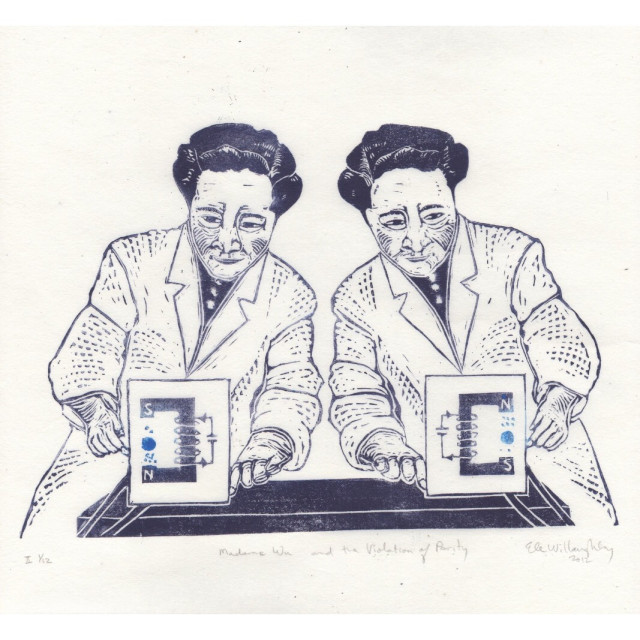 Linocut print of Chien-shiung Wu in indigo wearing a lab coat and holding a schematic diagram of her famous violation of parity experiment (in blue and indigo) on the left side. The right side shows the mirror image except in the schematic diagram. The left side schematic shows a C shaped electromagnet open to the left. The top is labeled S, the bottom is labeled N and the middle is wrapped in wire drawn as a circuit diagram schematic with parallel lines to indicate a power source and left arrow on top wire, right arrow on bottom. Between the poles of the magnet is a big blue dot to designate Cobalt-60 with many tiny dots as beta-decay electrons, the majority going downwards to N pole. On the right, everything is flipping except most electrons go upwards (and and N and S poles are flipped).