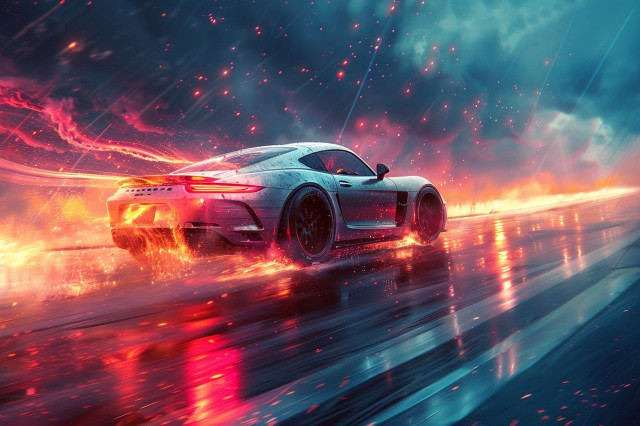 A stunning and dynamic depiction of a high-performance sports car speeding down a rain-slicked road. The car, likely a sleek model with a streamlined design, is moving at high speed, creating a dramatic sense of motion and energy.

The colors in the image are incredibly intense and vivid, with a striking contrast between the cool blues and greens of the rainy background and the fiery oranges and reds of the car’s taillights and the road beneath. Sparks and flames appear to trail behind the car, adding to the sensation of speed and power. The reflections on the wet road surface further enhance the vibrant colors, creating a surreal and almost futuristic atmosphere.

The overall vibe of the image is one of adrenaline-pumping excitement and high-octane action. The combination of the bright, fiery elements and the dark, stormy environment creates a visually captivating scene that exudes intensity and thrills.