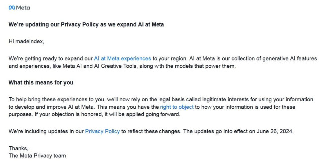 Meta AI email about updating the privacy policy for Meta AI training on peoples information.