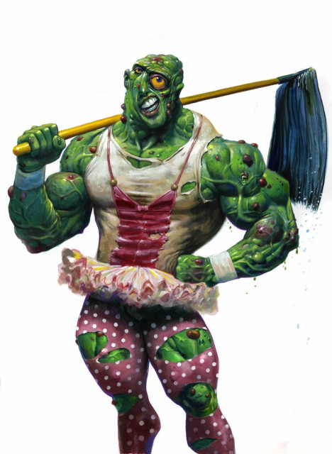 The Toxic Avenger stands in a tutu holding a dripping mop. He's green and mutated, covered in pustules. 