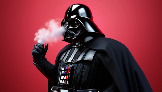 Darth Vader, farting. The fart is ostensibly escaping the suit through his nose, because we can see a little cloud coming out.

Must have been quite the stinker to create a cloud like this.