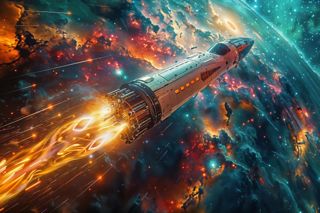 A spectacular and dynamic portrayal of a rocket blasting into space. The scene is filled with vibrant, intense colors that create a visually striking and energetic atmosphere.

The rocket itself is depicted with detailed realism, featuring a sleek, metallic body with visible panels and windows that emit a warm, orange glow. The engines at the back of the rocket are firing powerfully, producing bright, fiery exhaust plumes in shades of orange, yellow, and red, creating a trail of light and energy.

The backdrop of the image is a breathtaking expanse of outer space, filled with swirling clouds of colorful cosmic dust and stars. The colors range from deep blues and teals to rich oranges and fiery reds, blending together to form a mesmerizing nebula-like environment. Small, glowing stars and particles are scattered throughout the scene, adding to the sense of vastness and wonder.

The overall vibe of the image is one of excitement and exploration, capturing the awe-inspiring moment of a spacecraft launching into the unknown. The combination of vivid colors, dynamic motion, and intricate details creates a powerful and captivating visual experience.
