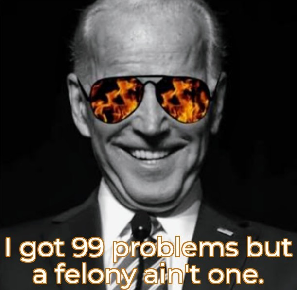 Biden smiles over caption I got 99 problems but a felony ain't one.