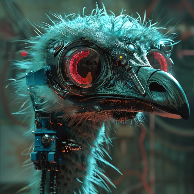 A robotic emu with a futuristic design. The emu’s body is a combination of mechanical parts and feathers, with prominent glowing red and blue lights embedded in its structure. The eyes are particularly striking, with a red, circular, lens-like appearance, reminiscent of advanced optics or sensors. The background is filled with a soft focus of wires and machinery, suggesting a high-tech lab or industrial setting. The overall aesthetic is a blend of organic and mechanical elements, giving the emu a unique and captivating look.