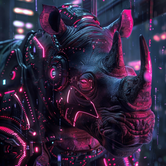 A futuristic, cyber-enhanced rhinoceros. The rhino is adorned with glowing neon pink and purple lights integrated into its skin, giving it a cybernetic appearance. The setting appears to be a rainy, neon-lit urban environment with reflections of lights on the wet surfaces. The rhino’s powerful and rugged features are accentuated by the high-tech enhancements, creating a striking contrast between the natural and the artificial.