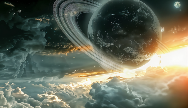 A breathtaking cosmic scene with a large planet surrounded by majestic rings, reminiscent of Saturn, set against a stunning backdrop of an illuminated sky. The planet’s surface appears textured with intricate details, while the rings are composed of countless particles creating a sense of movement. The sky is a dynamic blend of dark, stormy clouds and golden, radiant light, suggesting either a sunrise or sunset on an alien world. In the distance, a smaller celestial body can be seen, adding depth to the composition. The overall vibe is otherworldly and awe-inspiring, with a dramatic contrast between the dark, mysterious space and the warm, glowing atmosphere.
