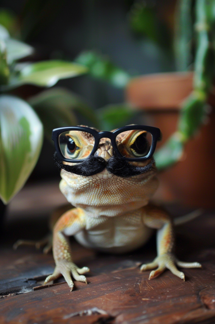 A charming and humorous scene of a lizard adorned with a pair of black glasses and a fake black mustache. The lizard, with its textured, scaly skin and inquisitive eyes, is set against a background of green plants and brown pots, suggesting an indoor environment. The addition of the glasses and mustache gives the lizard a quirky, almost sophisticated appearance, as if it is trying to mimic a human character. The overall vibe is playful and endearing, making the lizard look both intelligent and whimsical.