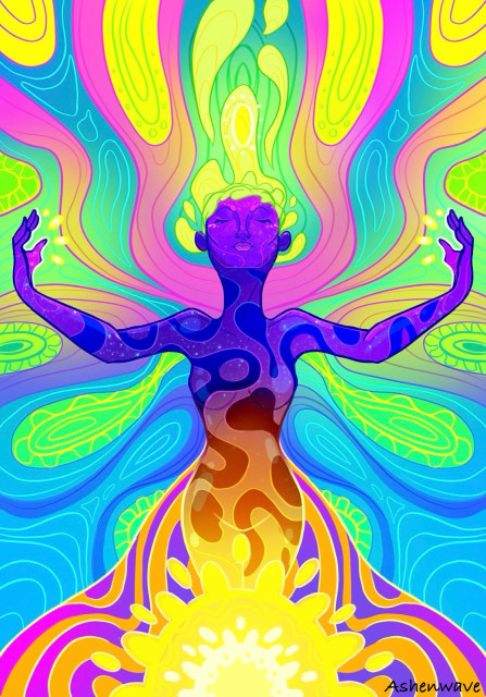 Surreal illustration in psychedelic colors (pink, purple, yellow and green) of a kind of goddess or entity of the sun and space. She looks peaceful and powerful, made of stars surrounded by the vibrant colors.
