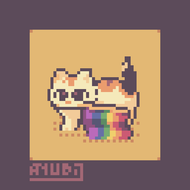 A Pixel Art Redraw of a Calico Cat, carrying the LGBT Flag around with their mouth.