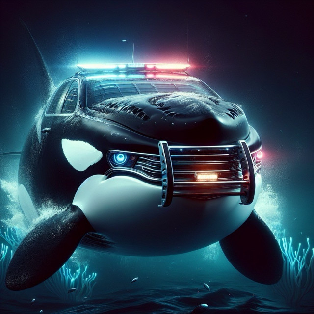 A digitally created image of an orca fused with a police car, featuring police lights on top. The background shows an underwater scene.