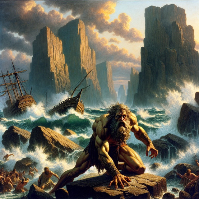A bearded giant emerges from tumultuous seas, while people and turbulent waters surround partially submerged shipwrecks against a backdrop of towering cliffs and a cloudy sky.
