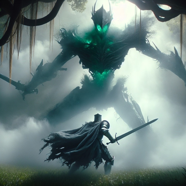 A knight armed with a sword faces a towering, menacing, glowing green-eyed creature in a foggy, mysterious landscape.