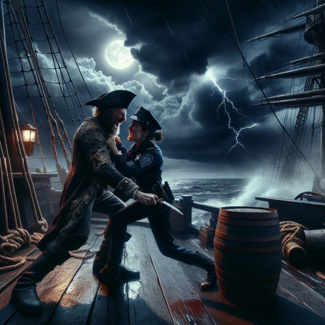 A pirate and a police officer struggle on the deck of a ship during a stormy night, with the moon and lightning illuminating the scene.