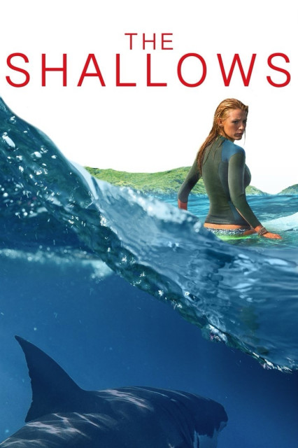 A woman in a wetsuit stands in the ocean, with an island in the background and a shark visible underwater. The text "The Shallows" is displayed at the top.
