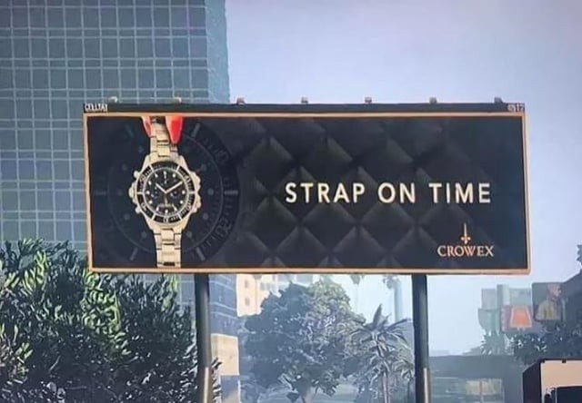 A billboard with a watch on it. The background of the billboard is a black diamond pattern. A woman's fingers are hold in the wrist strap on the top of the billboard picture. The fingernails are painted red. The text on the billboard reads: Strap on time. Crowex.