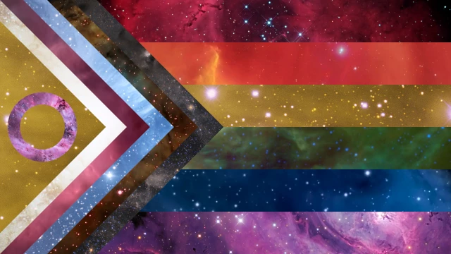 Progress Pride flag (including the intersex triangle) made up of several astronomy photography pictures.