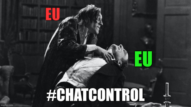 Meme showing Mr. Hyde labeled "EU" strangling Dr. Jekyll also labeled "EU" with the subtext #ChatControl.