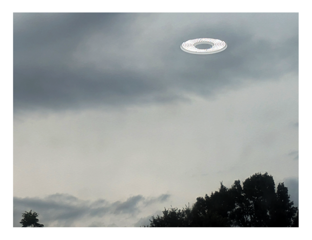 cloudy summer day as a storm approached. a large, donut-shaped object composed of concentric circles of small white lights appears to float in the sky above the tops of a few trees at bottom
