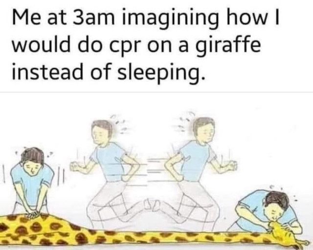 Me at 3am imagining how I would do cpr on a giraffe instead of sleeping.