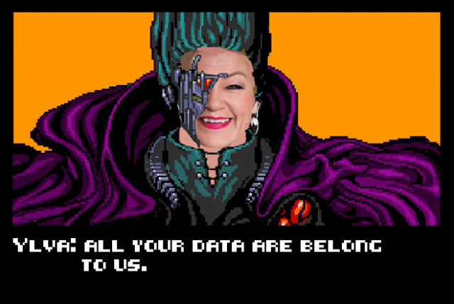 The meme "All your base are belong to us" but with EU commissioner Ylva Johansson's face cut in and where the text instead says "All your base are belong to us"