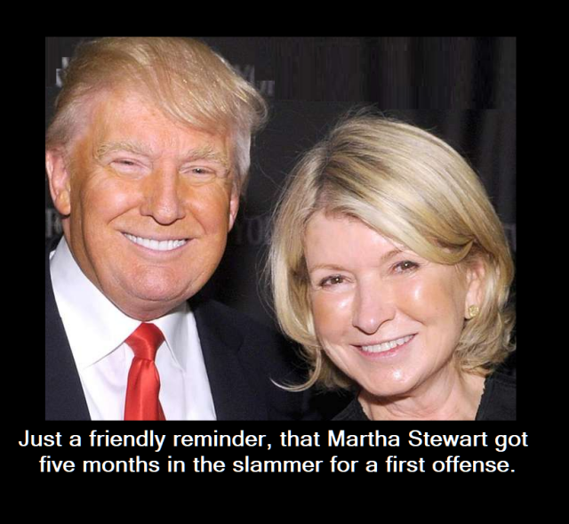 A picture of Donald Trump and Martha Stewart
CAPTION
Just a friendly reminder that Martha Stewart got five months in the slammer for a first offense 