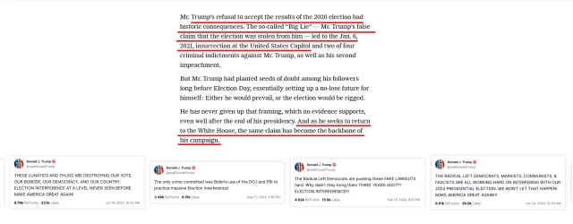 Text from article and screenshots of Trump's tweets promoting the Big Lie.

Text: Mr. Trump’s refusal to accept the results of the 2020 election had historic consequences. The so-called “Big Lie” — Mr. Trump’s false claim that the election was stolen from him — led to the Jan. 6, 2021, insurrection at the United States Capitol and two of four criminal indictments against Mr. Trump, as well as his second impeachment.

But Mr. Trump had planted seeds of doubt among his followers long before Election Day, essentially setting up a no-lose future for himself: Either he would prevail, or the election would be rigged.

He has never given up that framing, which no evidence supports, even well after the end of his presidency. And as he seeks to return to the White House, the same claim has become the backbone of his campaign.