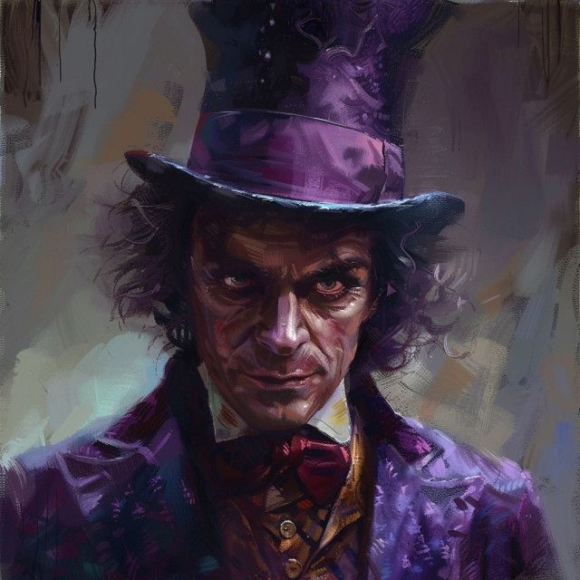 A highly detailed digital painting of a man with an intense and somewhat sinister expression. He is wearing a tall, purple top hat and a matching purple coat, with a bow tie around his neck. His face is lit with a dramatic, shadowed light, highlighting his sharp features and dark, piercing eyes. The background is an abstract mix of muted colors, adding to the overall mysterious and dramatic atmosphere of the portrait.