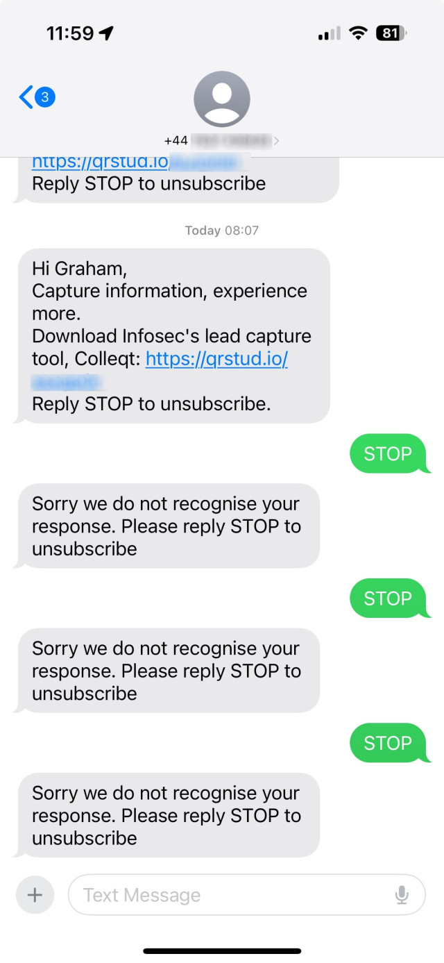 SMS texts from InfoSec, refusing to understand the "STOP" command.
