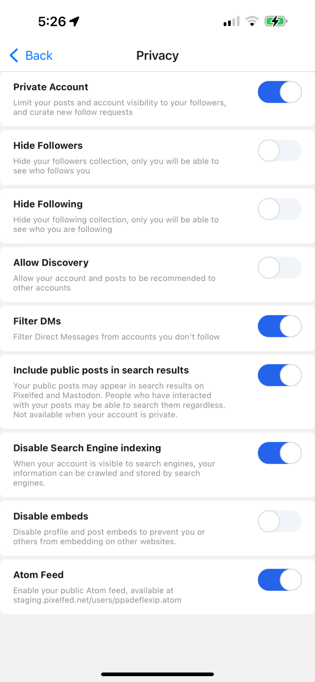 New Pixelfed app Privacy Settings