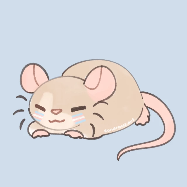 my ratsona sitting in a kind of loafing position, eyes closed and mouth in a wide smile. drawn on their cheeks is the trans flag