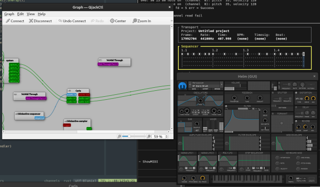 JACK routing view, Helm synth by Matt Tytel, and my TUI DAW's sequencer view, playing a bunch of basic snare hits.