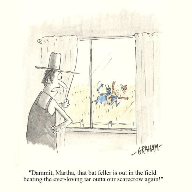 A cartoon illustration of a farmer looking out his window and seeing Batman beating up his scarecrow in a field.