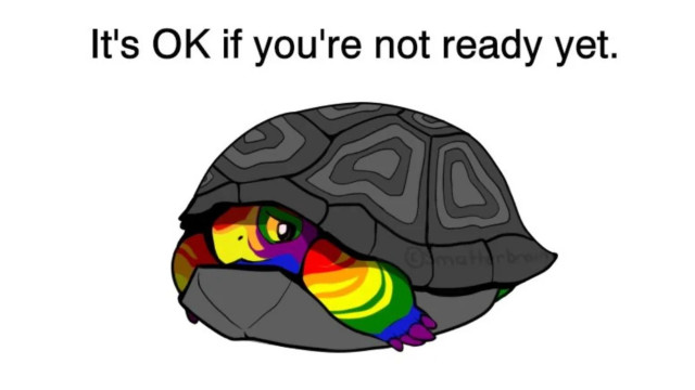 Illustration of a turtle with a rainbow-colored body partially hiding in its shell, accompanied by the text, "It's OK if you're not ready yet."