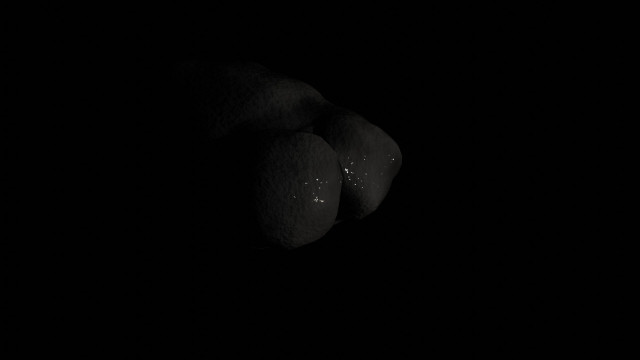 A 3d model of an asteroid's behind, floating in black space. The asteroid is greyish and uneven.
