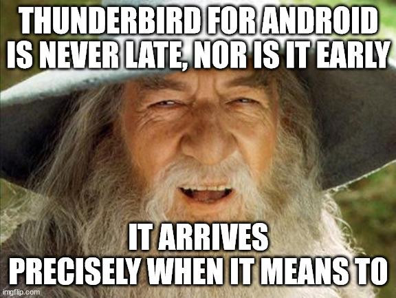 The text "Thunderbird for Android is never late, nor is it early. It arrives precisely when it means to" are on the top and bottom over a screenshot of Gandalf the Grey.