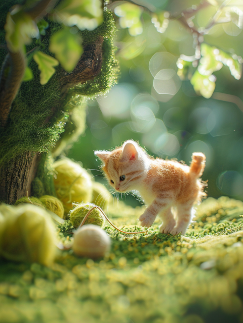 An adorable kitten playing in a lush, vibrant environment. The kitten, made from felted wool, is light orange with white markings, giving it a soft and fluffy appearance. It is shown in a playful stance, interacting with a small ball of yarn.

The background is richly detailed with a verdant setting that includes moss-covered surfaces and bright green leaves, creating a whimsical and enchanting atmosphere. The lighting is warm and soft, with bokeh effects adding a dreamy quality to the scene. The overall mood of the image is playful and serene, capturing a moment of innocent joy in a beautifully crafted miniature world.