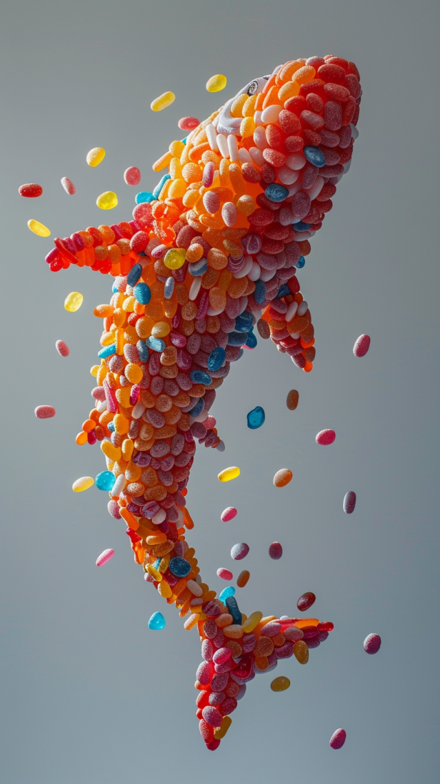 A striking art installation of a shark made entirely out of colorful jelly beans. The shark is mid-air, giving the appearance of it leaping. The jelly beans are meticulously arranged to form the shape of the shark, with a smooth gradient transitioning from bright orange and red hues at the head and upper body to a mix of blues, pinks, and yellows towards the tail and fins. Some jelly beans appear to be falling away from the shark, enhancing the dynamic feel of the piece.

The background is a simple, muted gray, which serves to highlight the vivid colors of the jelly beans, making them pop. The overall aesthetic is playful and creative, blending the natural form of a shark with the whimsy and colorfulness of candy.