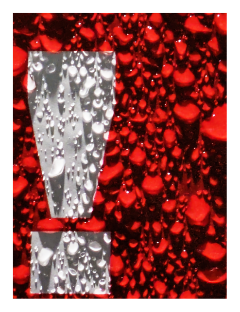 close up of a white exclamation point on red background, a detail from a outdoor ad on adhesive vinyl. uncountable raindrops of every size have gathered on the surface and are lit from above, casting shadows and creating a 3-D effect.