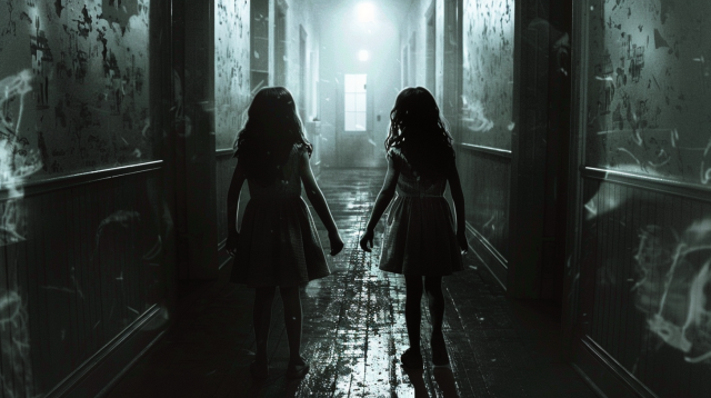 A haunting and eerie scene reminiscent of classic horror films. Two twin girls, dressed in old-fashioned, identical dresses, stand hand-in-hand in a dimly lit, narrow hallway. The perspective is from behind, capturing their silhouettes as they face a distant, glowing doorway at the end of the corridor.

The hallway itself is decrepit and unsettling, with dark, worn wooden floors that glisten with a reflective, almost wet appearance. The walls are adorned with peeling wallpaper and eerie, indistinct markings that add to the atmosphere of decay and dread. The lighting is predominantly dark, with subtle, ghostly highlights illuminating the twins and the corridor's ominous details.

The entire composition evokes a sense of foreboding and tension, as if something malevolent might be lurking just beyond the light at the end of the hallway. The image's dark, muted colors and shadowy ambiance amplify the unsettling, ghostly vibe, making it a chilling and memorable visual.