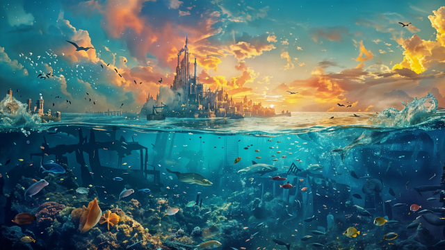 A stunning dual-scape of a fantastical castle rising from the sea under a vibrant, colorful sky and an underwater world teeming with marine life. The upper part of the scene showcases a majestic castle with tall spires and intricate architecture, bathed in the golden hues of a setting or rising sun. The sky above is a mesmerizing blend of rich oranges, pinks, and blues, dotted with scattered clouds and silhouetted birds in flight, adding to the enchanting atmosphere.

Below the water's surface, a vivid underwater world unfolds, filled with a variety of fish swimming among vibrant coral reefs. The sea floor is littered with the remnants of sunken structures, hinting at a past civilization now reclaimed by the ocean. The water is crystal clear, allowing a detailed view of the marine life and the rich colors of the corals, ranging from deep reds and oranges to bright yellows and blues.

The overall vibe of the image is one of awe and wonder, capturing the beauty of both the terrestrial and aquatic realms in a harmonious and fantastical setting. The contrast between the serene underwater environment and the bustling, towering castle above creates a sense of mystery and adventure, inviting viewers to imagine the stories that might unfold in such a magical world.