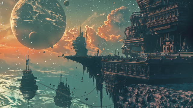 A mesmerizing solarpunk-inspired cityscape set against an otherworldly background. Dominating the scene is a vast, alien planet with smaller moons orbiting around it, casting a celestial glow over the entire setting. The sky is an ethereal blend of warm oranges and cool teal hues, punctuated by scattered stars and cosmic dust.

In the foreground, an elaborate and futuristic city is built upon towering platforms that stretch high above the water below. The architectural style is intricate, with a blend of traditional and futuristic elements, including spires, domes, and sleek, modern buildings. The structures appear both ancient and advanced, suggesting a society with deep historical roots and cutting-edge technology.

Below the platforms, massive ships float on the reflective surface of the water, connected to the city by cables and walkways. The water mirrors the colors of the sky, creating a surreal and unified visual experience. The overall atmosphere of the image is one of awe and wonder, blending the familiar with the fantastical in a visually stunning tableau that invites viewers to imagine life in this advanced, otherworldly civilization.