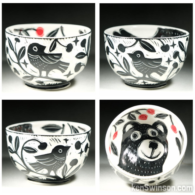 a collage of 4 photos of a porcelain bowl. the exterior is decorated with birds in a cherry tree. the interior has a happy looking bear smiling and picking cherries