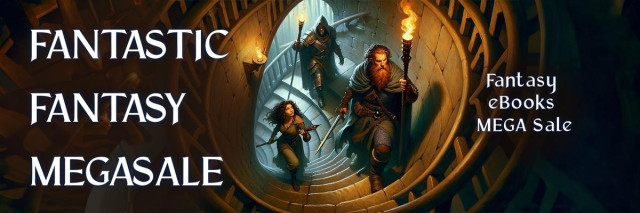 Fantastic Fantasy Megasale! White text against a down-facing image of adventurers climbing up a spiral staircase holding torches. 