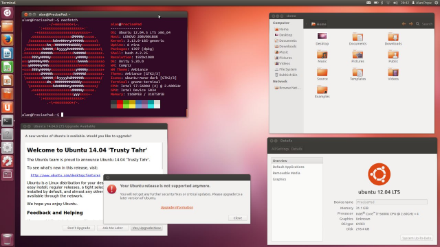 A screenshot of the Ubuntu 12.04 desktop with a terminal running neofetch, a nautilus window showing the home directory and an update manager dialog offering to upgrade to 14.04
