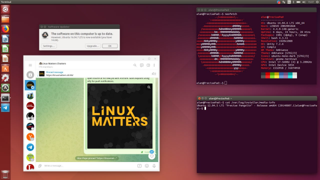 A screenshot of Ubuntu 14.04 desktop with a terminal running neofetch, a telegram window with the Linux Matters channel showing, and an update manager dialog telling me I should upgrade.. 
