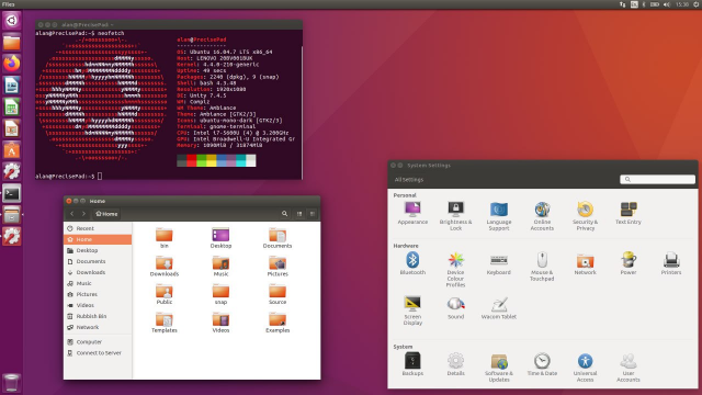 A screenshot of Ubuntu 16.04 including a terminal running neofetch, nautilus, and the settings panel.